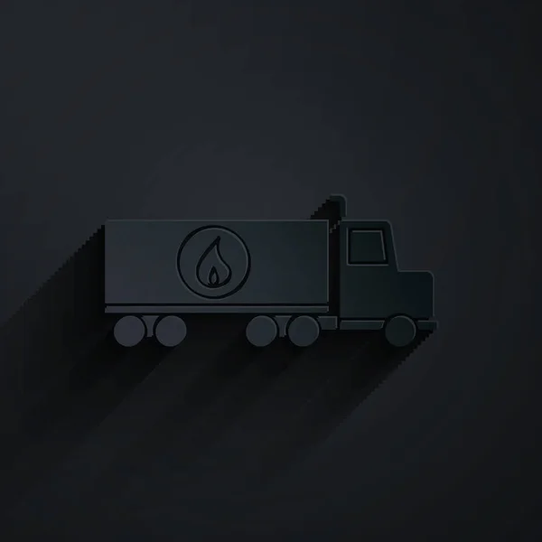 Řez Papíru Nákladní Vůz Ikona Izolované Černém Pozadí Ropný Tanker — Stockový vektor