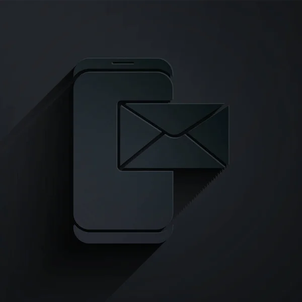 Kağıt Kesiği Mobil Zarf Yeni Mesaj Siyah Arkaplanda Izole Edilmiş — Stok Vektör