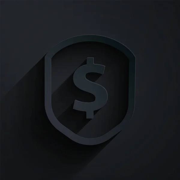 Papírový Střih Štít Ikonou Symbolu Dolaru Izolovaný Černém Pozadí Ochranný — Stockový vektor