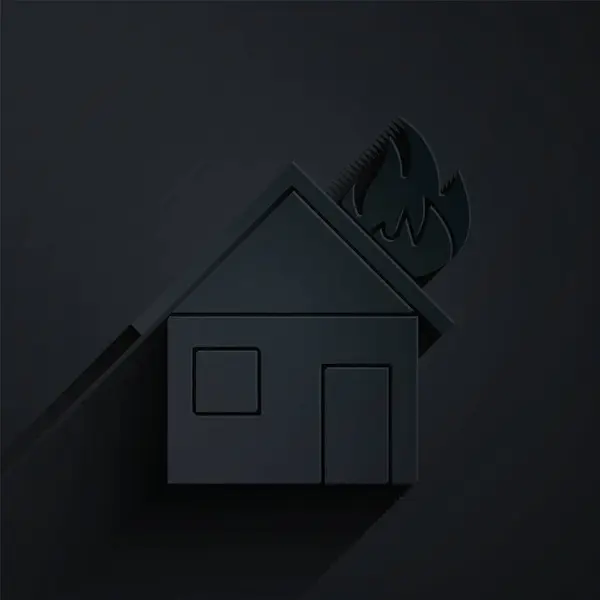 Papierschnitt Feuer Brennendem Haus Ikone Isoliert Auf Schwarzem Hintergrund Papierkunst — Stockvektor