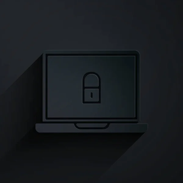 Corte Papel Laptop Bloqueo Icono Aislado Sobre Fondo Negro Computadora — Vector de stock