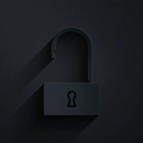 ペーパーカット黒の背景に隔離された南京錠のアイコンを開きます 鍵が開いてる サイバーセキュリティの概念 デジタルデータ保護 紙のアートスタイル ベクターイラスト — ストックベクタ