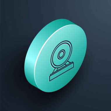 Isometric line Gong musical percussion instrument circular metal disc icon isolated on black background. Turquoise circle button. Vector Illustration vector