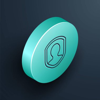Isometric satır Kullanıcı koruma simgesi siyah arkaplanda izole edildi. Güvenli kullanıcı girişi, şifre koruması, kişisel veri koruması, kimlik doğrulaması. Turkuaz daire düğmesi. Vektör İllüstrasyonu