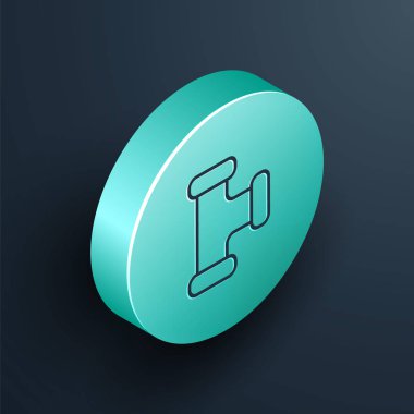 Isometric line Industry metalik boru ikonu siyah arka planda izole edildi. Tesisat boru hattının farklı şekillerde parçaları. Turkuaz daire düğmesi. Vektör İllüstrasyonu