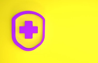 Sarı arka planda çapraz ikonu olan mor tıbbi kalkan. Koruma, güvenlik, şifre güvenliği. Minimalizm kavramı. 3d illüstrasyon 3d canlandırma