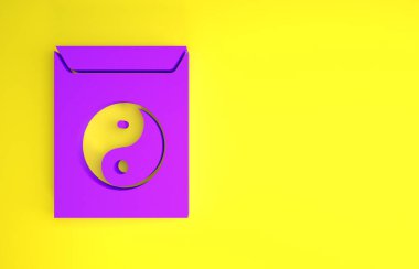 Mor Yin Yang ve sarı arka planda izole edilmiş zarf simgesi. Uyum ve dengenin sembolü. Minimalizm kavramı. 3d illüstrasyon 3d canlandırma