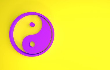Mor Yin Yang sembolü ahenk ve denge simgesi sarı arka planda izole edilmiş. Minimalizm kavramı. 3d illüstrasyon 3B canlandırma