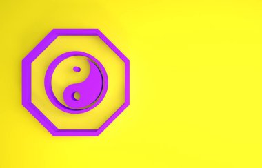 Mor Yin Yang sembolü ahenk ve denge simgesi sarı arka planda izole edilmiş. Minimalizm kavramı. 3d illüstrasyon 3B canlandırma