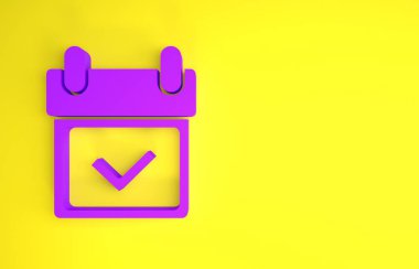 Sarı arkaplanda işaretleme simgesine sahip mor takvim. Minimalizm kavramı. 3d illüstrasyon 3d canlandırma