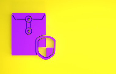 Sarı arka planda izole edilmiş kalkan simgesi olan mor zarf. Sigorta konsepti. Güvenlik, güvenlik, koruma, konsept koruma. Minimalizm kavramı. 3d illüstrasyon 3d canlandırma