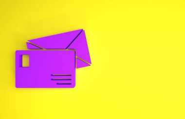 Sarı arkaplanda mor renkli zarf simgesi izole edildi. E- posta mektup sembolü. Minimalizm kavramı. 3d illüstrasyon 3d canlandırma