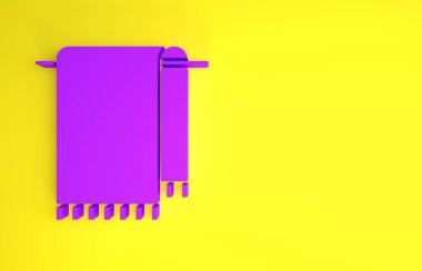 Sarı arka planda izole edilmiş bir askı simgesinde mor havlu. Banyo havlusu ikonu. Minimalizm kavramı. 3d illüstrasyon 3B canlandırma