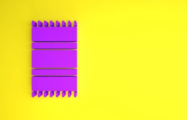 Sarı arkaplanda mor plaj havlusu ikonu var. Minimalizm kavramı. 3d illüstrasyon 3B canlandırma