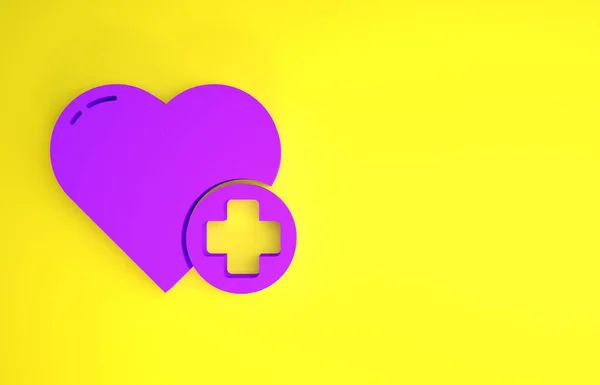 紫色心脏与交叉图标隔离在黄色背景 医疗和制药标志 最低纲领的概念 3D说明3D — 图库照片