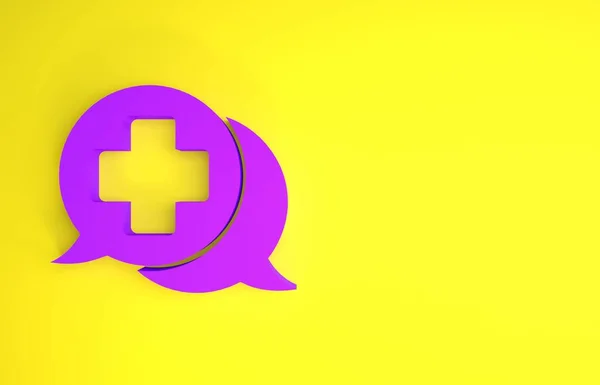 紫色对话与医生图标隔离在黄色背景 医生和病人对话 关于医疗保健服务的咨询 最低纲领的概念 3D说明3D — 图库照片