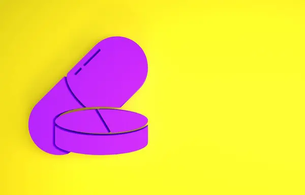 黄色の背景に単離された紫医学薬やタブレットのアイコン カプセル薬と薬のサイン 薬局の設計 最小限の概念 3Dイラスト3Dレンダリング — ストック写真