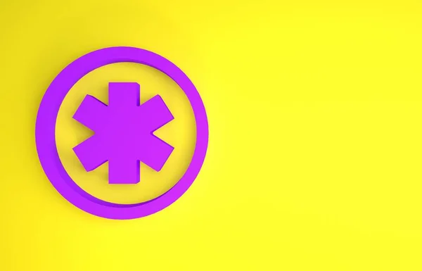 Purple Medical symbol of the Emergency - Star of Life icon isolated on yellow background. Minimalism concept. 3d illustration 3D render