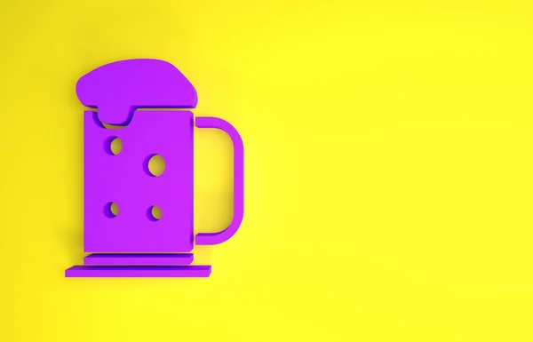 Фиолетовый Деревянный Значок Кружка Пива Изолированы Желтом Фоне Концепция Минимализма — стоковое фото