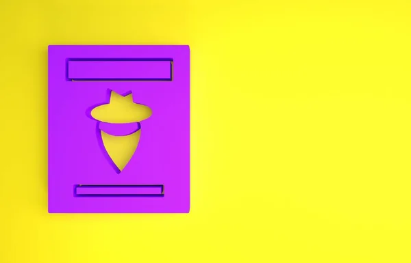 Purple Wanted western poster icon isolated on yellow background. Reward money. Dead or alive crime outlaw. Minimalism concept. 3d illustration 3D render