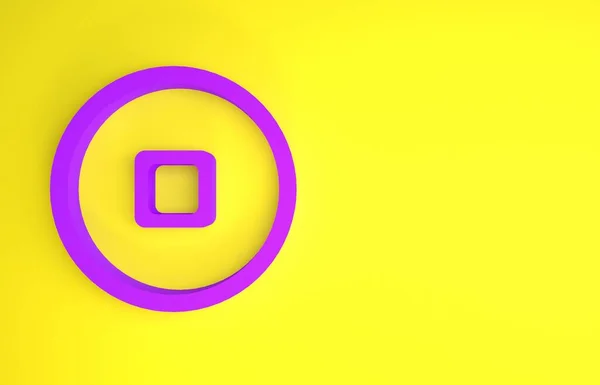 Purple Chinese Yuan currency symbol icon isolated on yellow background. Coin money. Banking currency sign. Cash symbol. Minimalism concept. 3d illustration 3D render