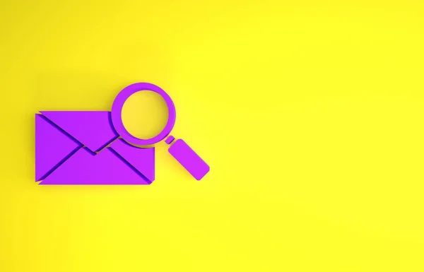 紫色信封邮件与放大镜图标隔离在黄色背景 最低纲领的概念 3D说明3D — 图库照片