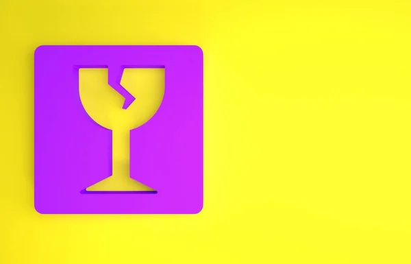 黄色の背景に隔離された宅配ボックスのアイコンのための紫の壊れガラスのシンボル 最小限の概念 3Dイラスト3Dレンダリング — ストック写真