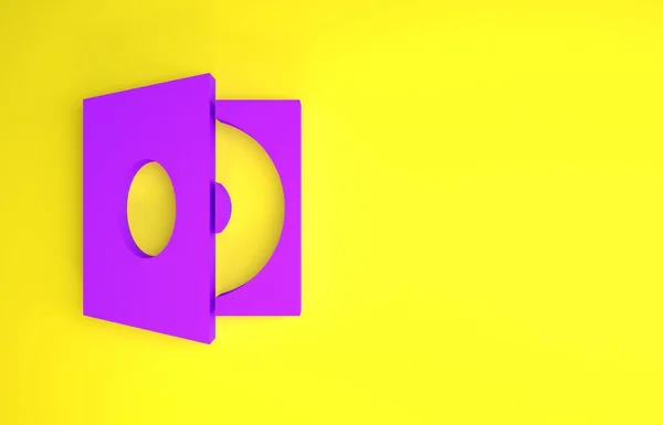 紫色乙烯基播放器 带有一个在黄色背景上隔离的乙烯盘图标 最低纲领的概念 3D说明3D — 图库照片