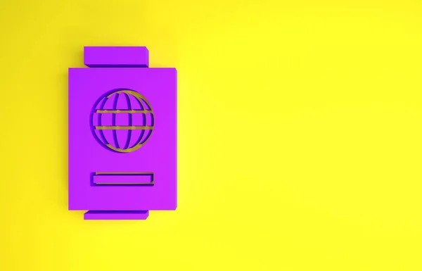带有黄色背景的车票图标的紫色护照 身份证明文件 概念旅行和旅游 最低纲领的概念 3D渲染3D插图 — 图库照片