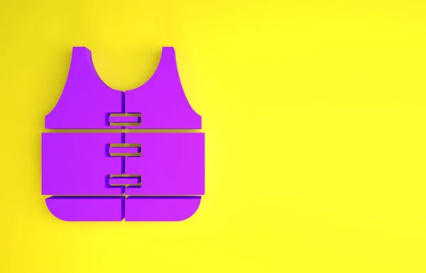 黄色の背景に隔離された紫のライフジャケットアイコン 生命維持装置のアイコン 極端なスポーツだ スポーツ用具 最小限の概念 3Dイラスト3Dレンダリング — ストック写真