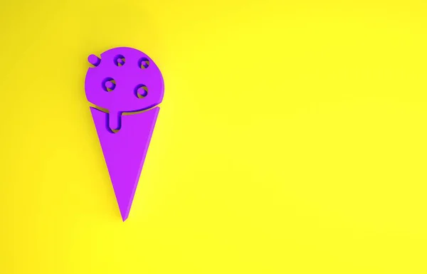 黄色の背景に隔離されたワッフルコーンアイコンの紫色のアイスクリーム 甘いシンボルだ 最小限の概念 3Dイラスト3Dレンダリング — ストック写真