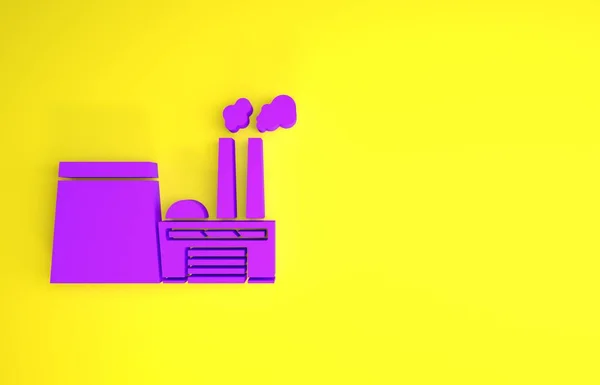 Purple Oil and gas industrial factory building icon isolated on yellow background. Minimalism concept. 3d illustration 3D render