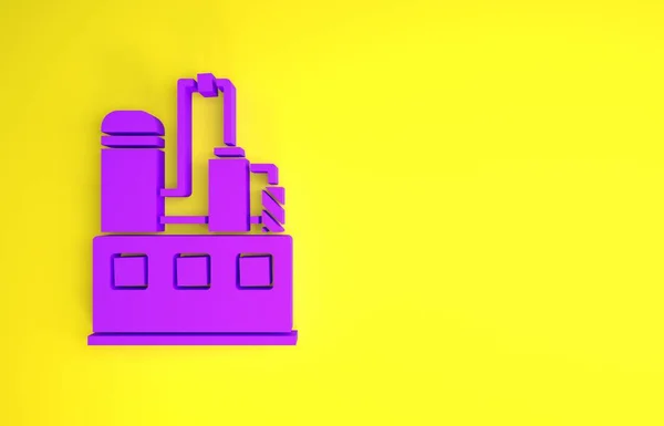 Purple Oil and gas industrial factory building icon isolated on yellow background. Minimalism concept. 3d illustration 3D render