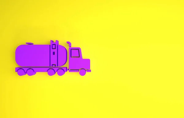 Purple Tanker truck icon isolated on yellow background. Petroleum tanker, petrol truck, cistern, oil trailer. Minimalism concept. 3d illustration 3D render