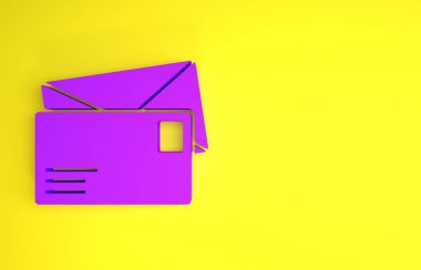 Sarı arkaplanda mor renkli zarf simgesi izole edildi. E- posta mektup sembolü. Minimalizm kavramı. 3d illüstrasyon 3d canlandırma