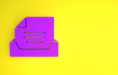 Sarı zemin üzerinde belge simgesi olan mor çekmece. Arşiv çekmecesi. Dosya dolabı çekmecesi. Ofis mobilyası. Minimalizm kavramı. 3d illüstrasyon 3B canlandırma