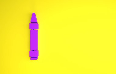 Sarı arkaplana izole edilmiş simge çizmek için mor mum boya kalemleri. Minimalizm kavramı. 3d illüstrasyon 3B canlandırma