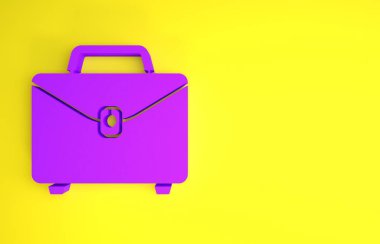 Sarı arkaplanda mor evrak çantası simgesi izole edildi. İş ilanı. İş portföyü. Minimalizm kavramı. 3d illüstrasyon 3B canlandırma