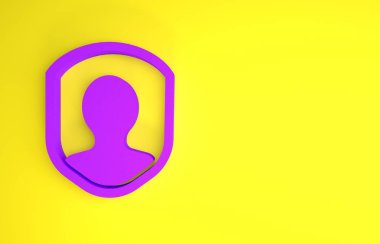 Sarı arkaplanda Mor Kullanıcı koruma simgesi izole edildi. Güvenli kullanıcı girişi, şifre koruması, kişisel veri koruması, kimlik doğrulaması. Minimalizm kavramı. 3d illüstrasyon 3B canlandırma