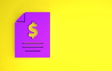 Mor Sözleşme para ikonu sarı arka planda izole. Bankacılık belgeleri dolar finans para sayfası. Minimalizm kavramı. 3d illüstrasyon 3B canlandırma
