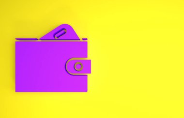 Sarı arka planda izole edilmiş kağıt para ikonu desteli mor cüzdan. Çanta ikonu. Nakit tasarruf sembolü. Minimalizm kavramı. 3d illüstrasyon 3B canlandırma