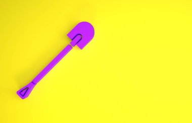 Sarı arkaplanda izole edilmiş mor ateş küreği ikonu. Yangın koruma ekipmanları. İtfaiyeciler için ekipman. Minimalizm kavramı. 3d illüstrasyon 3B canlandırma