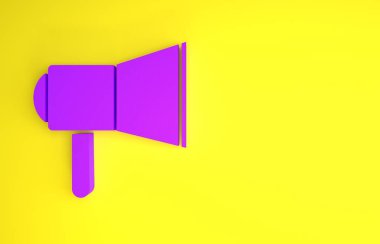 Sarı arkaplanda izole edilmiş mor megafon simgesi. Sözcü işareti. Minimalizm kavramı. 3d illüstrasyon 3B canlandırma