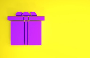 Sarı arka planda Mor Hediye kutusu simgesi izole edildi. Doğum günün kutlu olsun. Minimalizm kavramı. 3d illüstrasyon 3d canlandırma