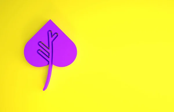 紫色叶子图标孤立在黄色背景上 叶子的标志 新鲜的自然产品符号 最低纲领的概念 3D渲染3D插图 — 图库照片