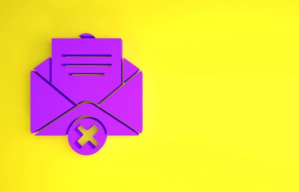 紫色删除信封图标孤立在黄色背景 删除或错误的字母 交叉的消息 拒收邮件 最低纲领的概念 3D渲染3D插图 — 图库照片