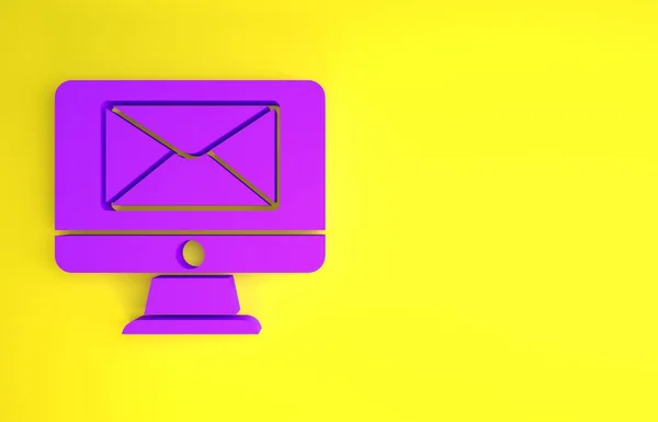 紫色监视器和信封 新的消息 邮件图标孤立在黄色背景 用于电子邮件通讯 头条新闻 博客文章 最低纲领的概念 3D渲染3D插图 — 图库照片