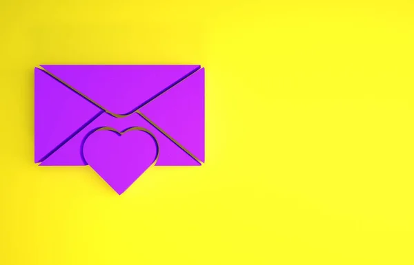 Envelope Roxo Com Ícone Coração Valentine Isolado Fundo Amarelo Mensagem — Fotografia de Stock