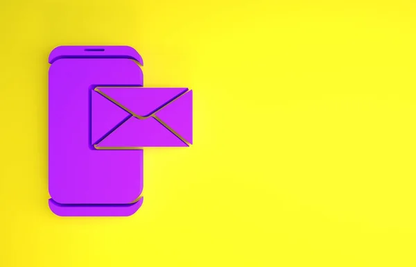 紫色移动和信封 新的消息 邮件图标孤立在黄色背景 用于电子邮件通讯 头条新闻 博客文章 最低纲领的概念 3D渲染3D插图 — 图库照片