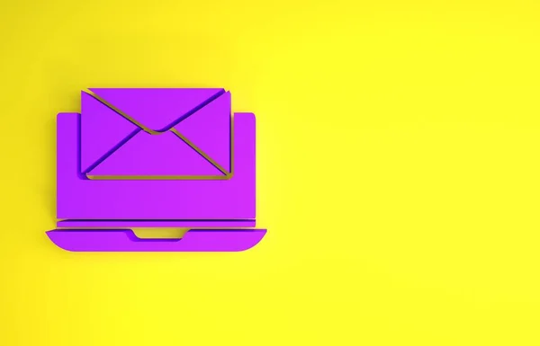 Purple Laptop Envelope Open Email Screen Icon Isolated Yellow Background — Stock Photo, Image